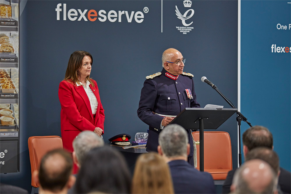 Guest of Honour, Michael Kapur Esq OBE, His Majesty’s Lord-Lieutenant of Leicestershire, presenting the Queen's Award for Enterprise: Innovation 2022 at Flexeserve’s global headquarters in Hinckley, Leicestershire, UK