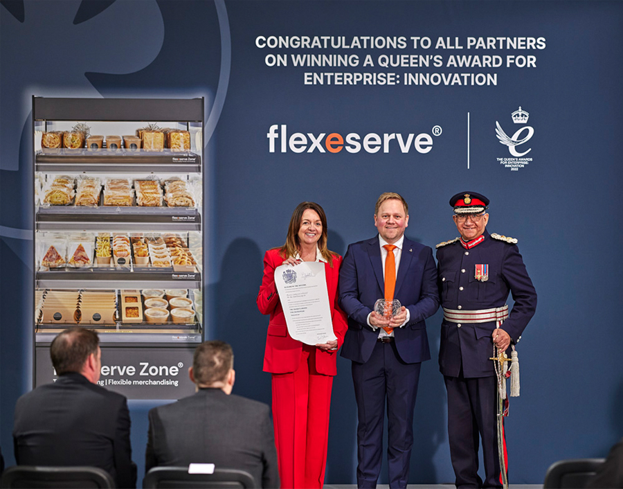 [L-R] Eileen Perry MBE – Deputy Lieutenant; Jamie Joyce – CEO, Flexeserve, holding the Queens Award for Enterprise: Innovation 2022; Michael Kapur Esq OBE, His Majesty’s Lord-Lieutenant of Leicestershire