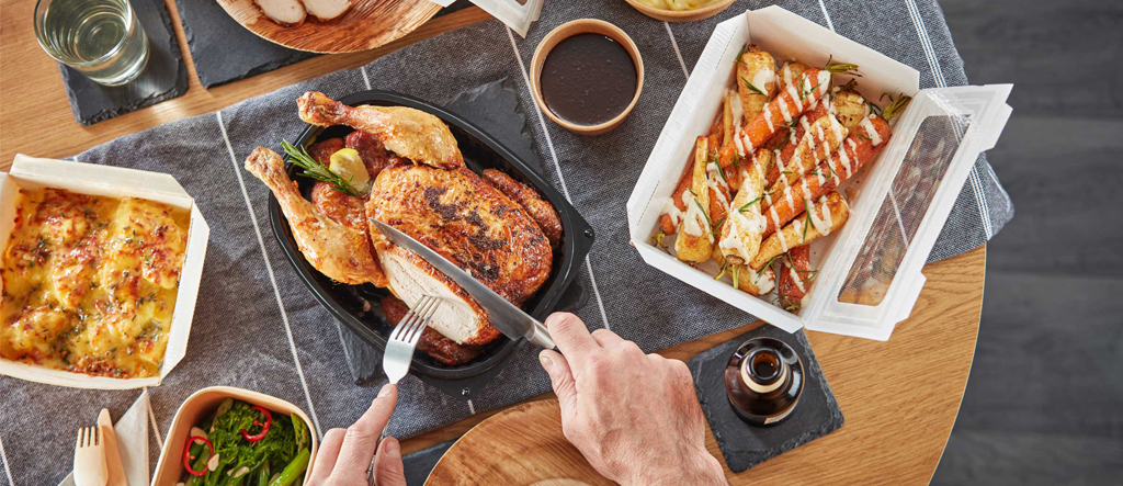 A whole family roast chicken dinner that's been hot-held to perfection in a Flexeserve heated display