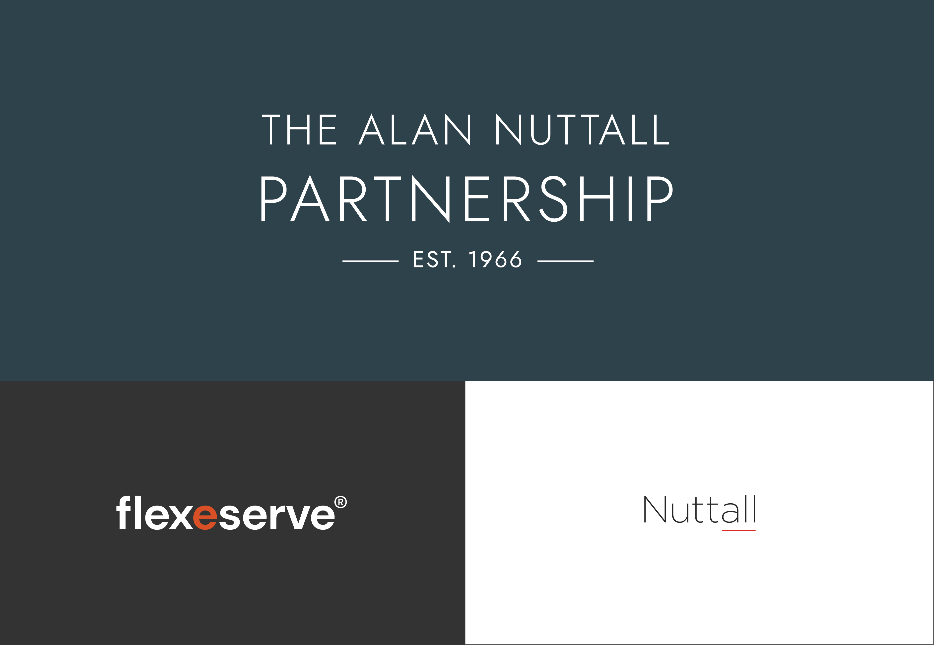 Lockup of The Alan Nuttall Partnership logo, Flexeserve logo and Nuttall logo