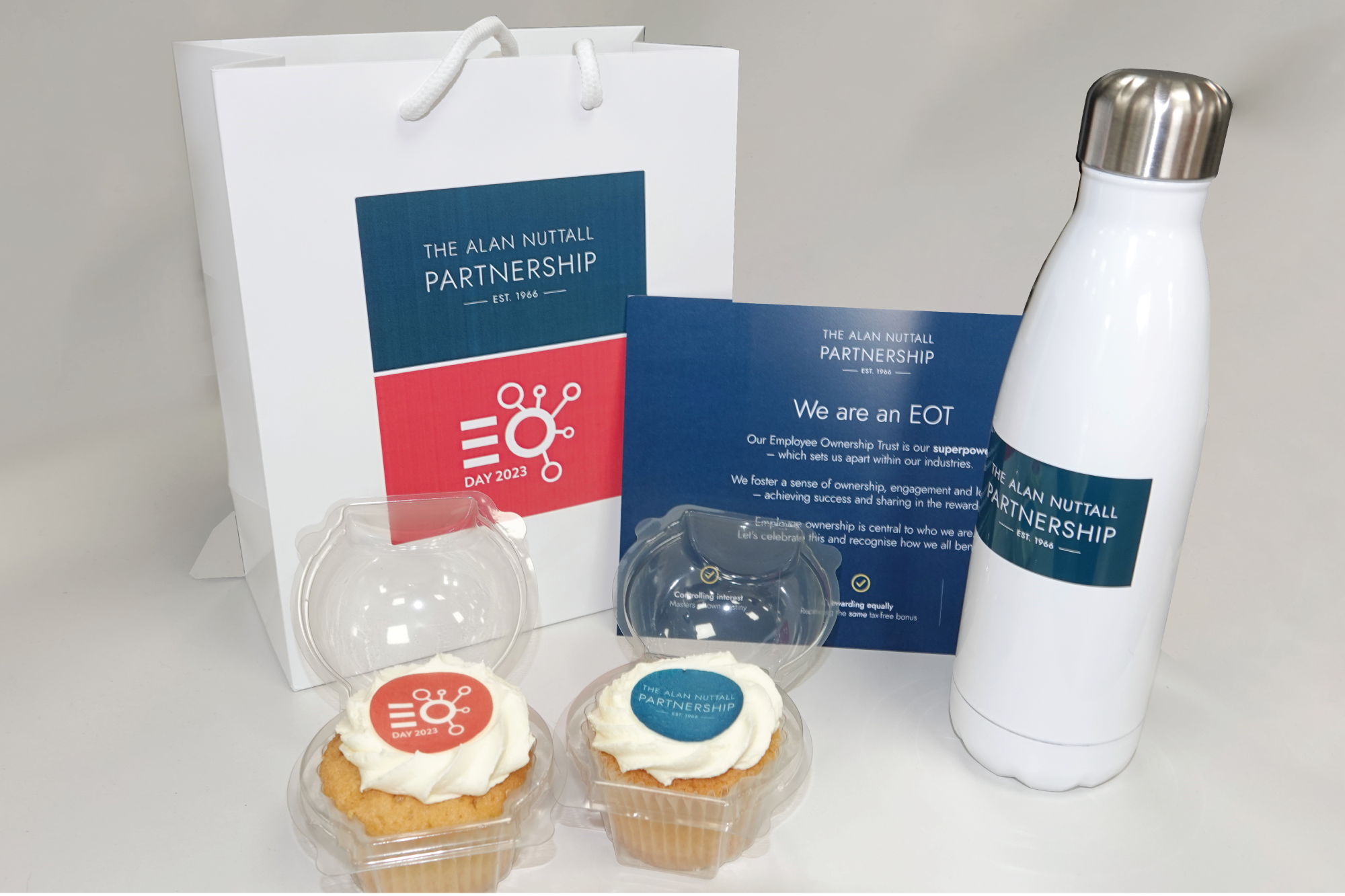 Contents of the goodie bag given to all Partners at The Alan Nuttall Partnership for EO Day 2023